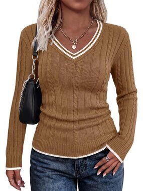 Chic Women's Long Sleeve V-Neck Color Block Sweater - Fall & Winter Essential